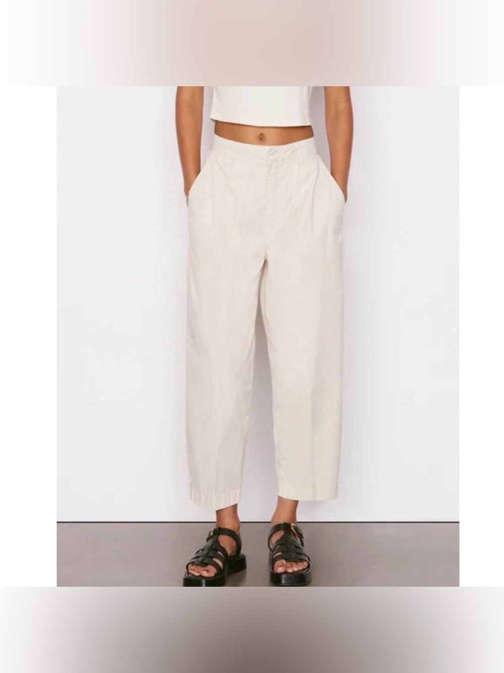 FRAME Fluid Twill Pleated Pants Size 30 NWT Off White Cream Barrel Cotton $280 - Picture 2 of 13